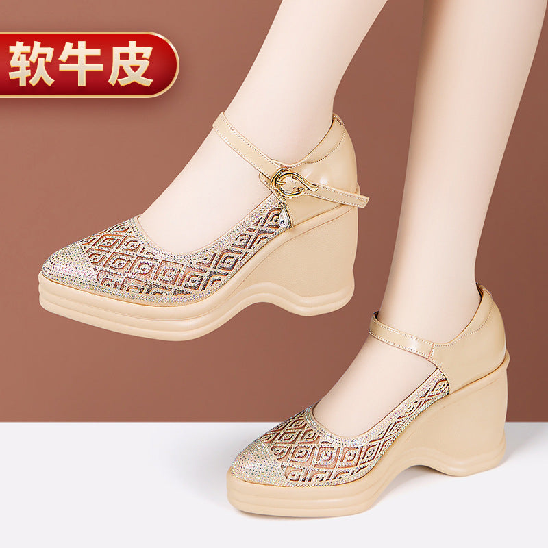 kamames Heel Water Drill Sandals 2024 Summer New Soft-Soled High-Heeled Thick-Soled Waterproof Platform One-Word Buckle Comfortable Hollowed-Out Single Shoes