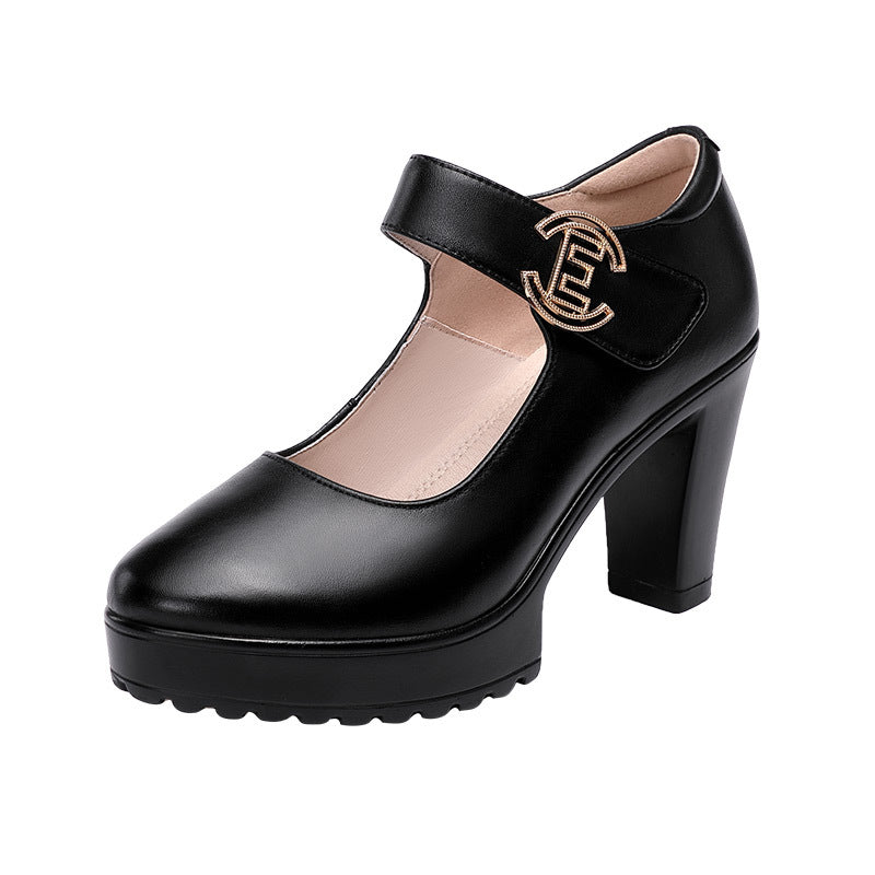kamames Cowhide Cheongsam Model Catwalk High Heels Women's Non-Slip Round Head Thick-Soled Waterproof Platform Professional Work Shoes Women's Singles Shoes