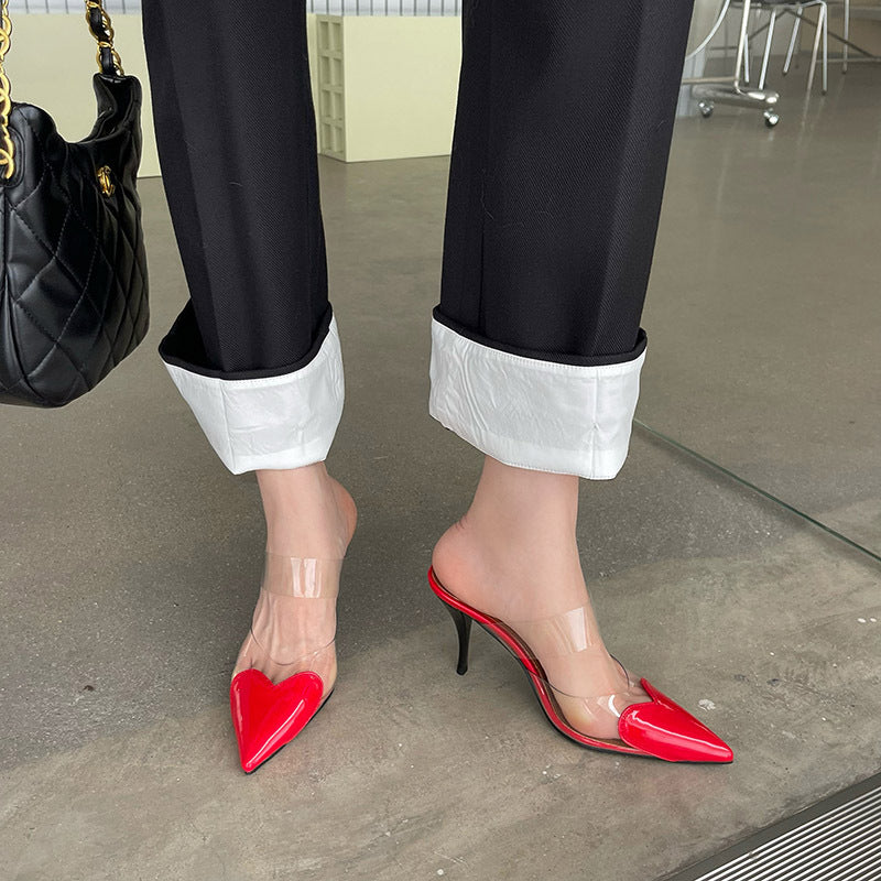 kamames Heels Transparent Love Noodles Spring And Summer New Matching Color Thin-Heeled Women's Shoes Korean Version Of Shallow Mouth Baotou Semi-Pointed Women's Shoes