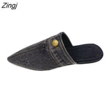 kamames Design Slippers 2023 Spring New Pointed Deep Mouth Thick High-heeled Denim Outer Wear Baotou Slippers Shoes for Women
