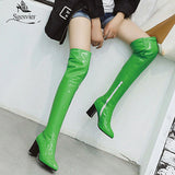 kamames Sgesvier Fashion Over the Knee Boots Women Orange Red Yellow Green Thigh High Boots Square High Heels Party Shoes Lady Plus Size