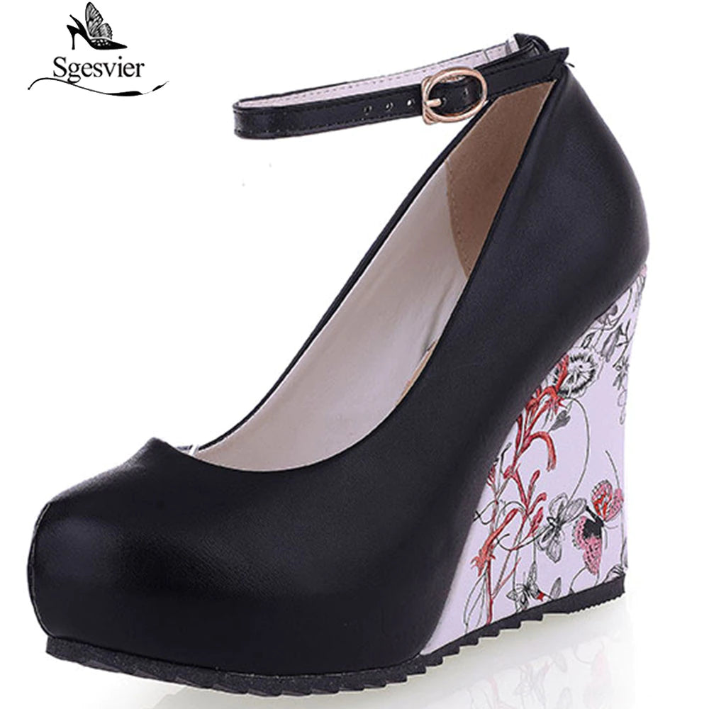 kamames Sgesvier large Sizes 34-43 Wedges High Heels Party wedding Pumps shoe Flower Print Platform Ankle-Strap Women Shoes Woman pumps