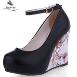 kamames Sgesvier large Sizes 34-43 Wedges High Heels Party wedding Pumps shoe Flower Print Platform Ankle-Strap Women Shoes Woman pumps
