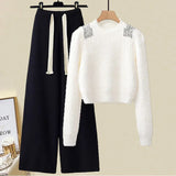 kamames Fall Winter Knitwear Two Piece Sets For Women Outfits Ladies Elegant Diamond Sequined Knitted Sweater And Warm Pants Sets