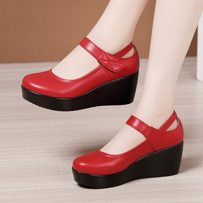 kamames Heel Slope Thick Soles Round Head Shallow Mouth Single Shoes Soft Soles Comfortable Leisure Middle-Aged Mother Shoes Large Size Small Leather Shoes