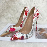 kamames Red Flowers Print Women PU Leather Pointed Toe Stiletto Pumps 10cm 12cm High Heel Party Shoes US Size 10 11 QP147 ROVICIYA