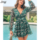 kamames Floral Chiffon V-neck Ruffle Mini Dress Women Sexy Belted Long Sleeve A-line Holiday Beach Dress 2023 Summer Female Dress