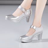 kamames Cowhide Cheongsam Model Catwalk High Heels Women's Non-Slip Round Head Thick-Soled Waterproof Platform Professional Work Shoes Women's Singles Shoes