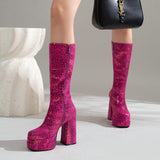 kamames Fashion Women Knee High Boots Flock Platform Chunky High Heel Punk Boots Square Toe Zipper Autumn Winter Ladies Shoes