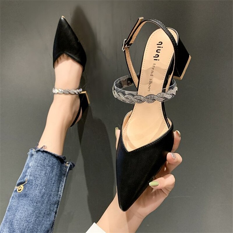 kamames sandals women's summer high heels 2022 new pointed toe back straps rhinestone fairy wind thick heel shoes women