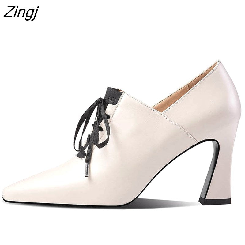 kamames Heels Hoof Pumps Women Lace Up Pumps Cow Leather Shoes Female Fashion Pointed Toe OL Shoes Women Autumn 2023 New