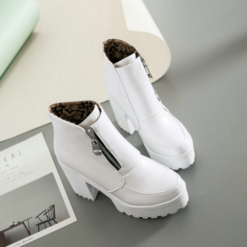 kamames Sgesvier Black White Platform Ankle Boots for Women High Heels Boots Ladies Zip Autumn Winter Booties Woman Boots Shoes 2020