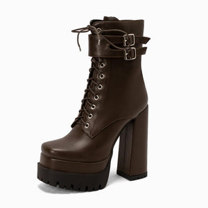 kamames Platform Women Punk Boots Square Toe Super High Heel Ankle Boots Lace Up Zipper Motorcycle Boots Autumn Winter Lady Shoes