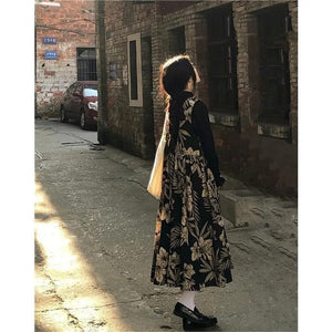 kamames Gothic Dark Loli 2pcs Sets Black Basic Long-Sleeved Bottoming Shirt + Floral Print Sleeveless Dress Women Spring Suits