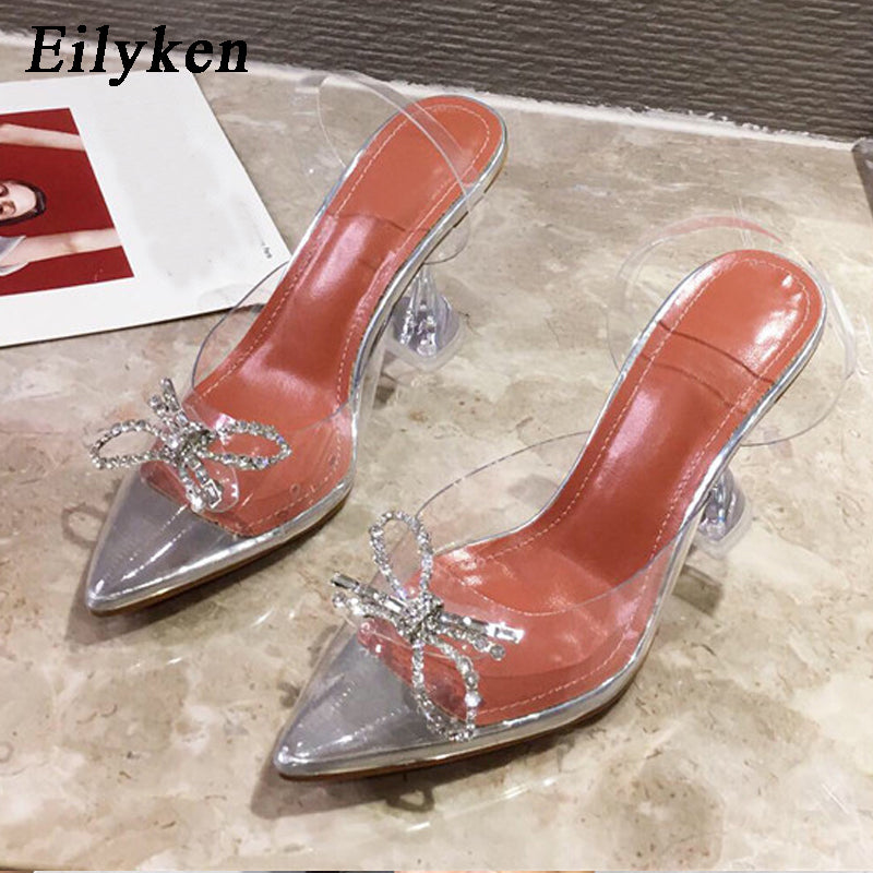 kamames PVC Transparent Pointed Toe Women Pumps Fashion Bowknot Design Elegant Ladies Crystal High Heel Party Wedding Mule Shoes