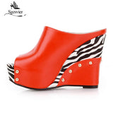kamames Sgesvier 2022 Black White Stripe Summer Style Sexy Sandals Women's Wedges Slippers High Platform Heels for Shoes Woman B358