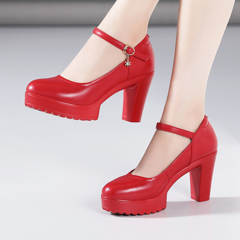 kamames Cowhide Catwalk High Heels Women's Anti-Skid Thick Heel Waterproof Platform Cheongsam Models Soft Leather Work Shoes Women's Singles