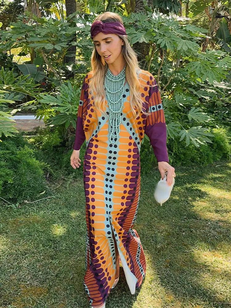 kamames Ethnic Style V Neck Slit Maxi Dresses Women Patchwork Dot Printed Long Sleeve Loose Dress 2024 Chic Summer Street Robes