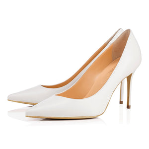 kamames Pointed Black Riveted High Heels Ladies White Apricot Lacquered Leather Wedding Shoes