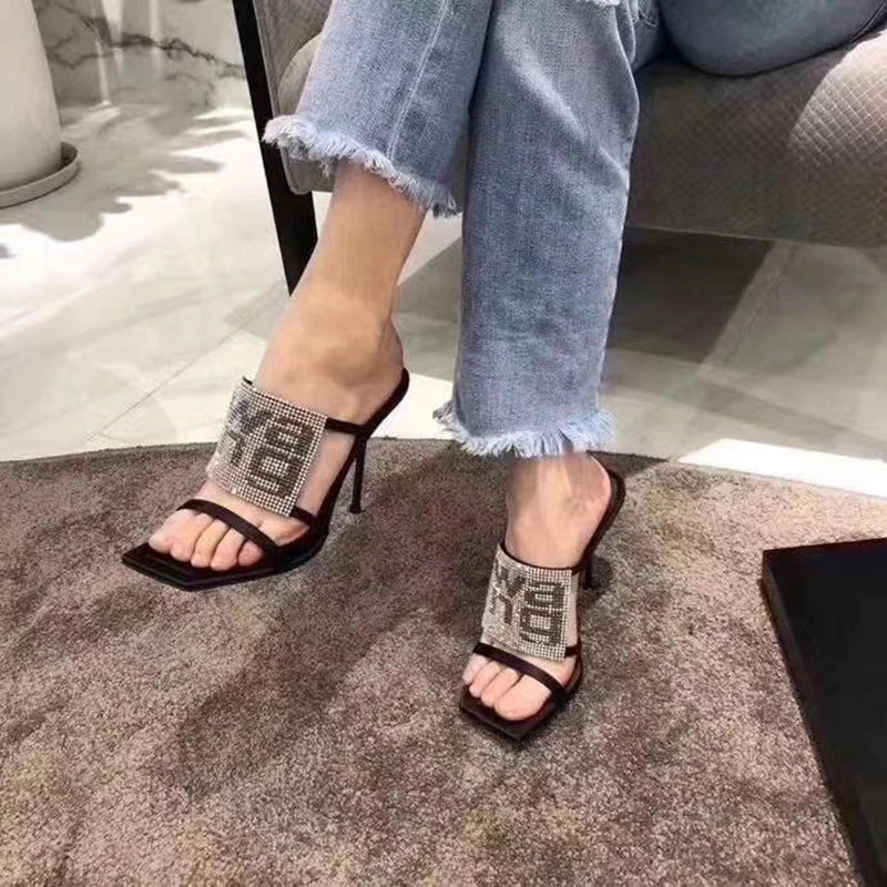 kamames Sandals Women 2022 Luxury Brand Letter Fashion Summer Sexy Crystal Rhinestone High Heels Stiletto Wedding Shoes Woman Slippers