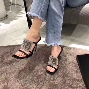 kamames Sandals Women 2022 Luxury Brand Letter Fashion Summer Sexy Crystal Rhinestone High Heels Stiletto Wedding Shoes Woman Slippers