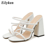 kamames Sexy Snake Print Leather Women Slippers Outdoor Open Toe Sliders Shoes Fashion Square High Heels Summer Sandals