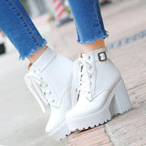kamames Autumn Fashion Women Boots Square High Heels Platform Buckle Lace Up Pu Short Booties Winter Ladies Shoes 2021 White