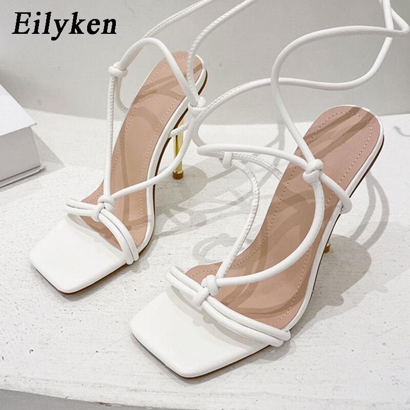 kamames Gold Narrow Band Woman Sandals 2023 New Summer Ankle Cross-tied Metal Thin High Heel Shoes Party Prom Sandalias De Mujer