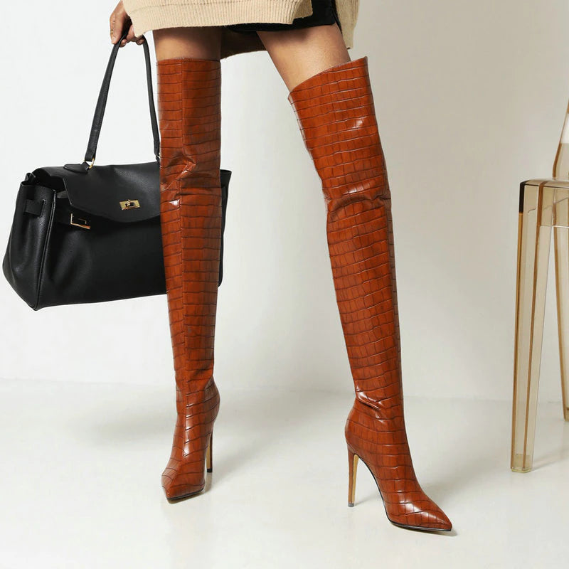 kamames Sexy Stiletto Women Thigh Boots Stone Print Zipper Over The Knee Boots Ladies Pointed Toe Autumn Winter Shoes Big Size 43