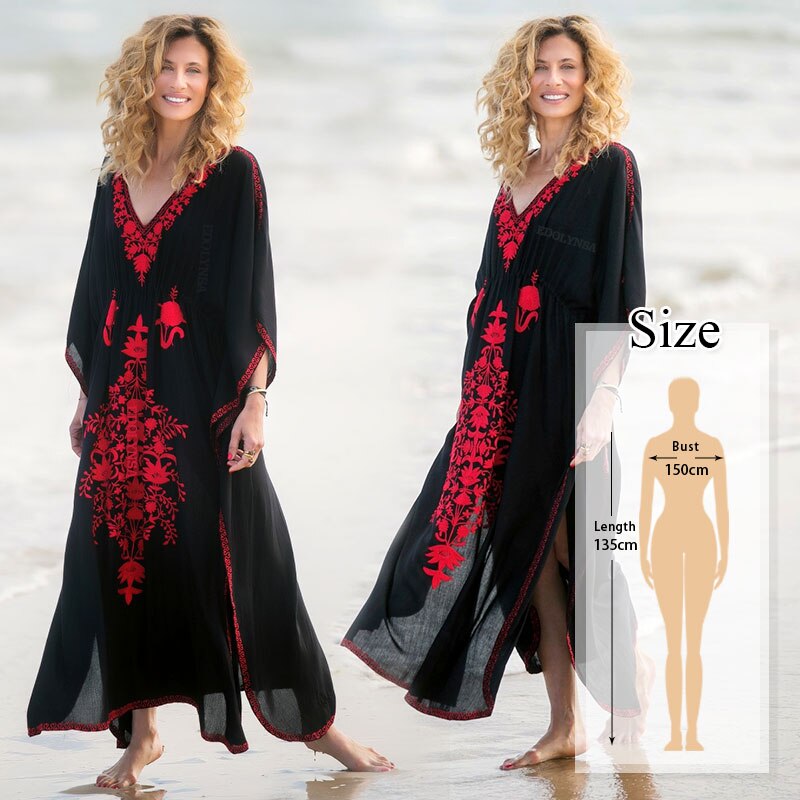 kamames Elegant Blue Long Cotton Women Summer Beach Tunic Dress Plus Size Sexy V-Neck Wrist Party Dress Pareo Kaftan Femme Q529