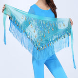 kamames Dance Hip Skirt Scarf For Wrap Waist Belt Bling Golden Coins Sequins Tassels Dance Accessories Chiffon fringe scarf
