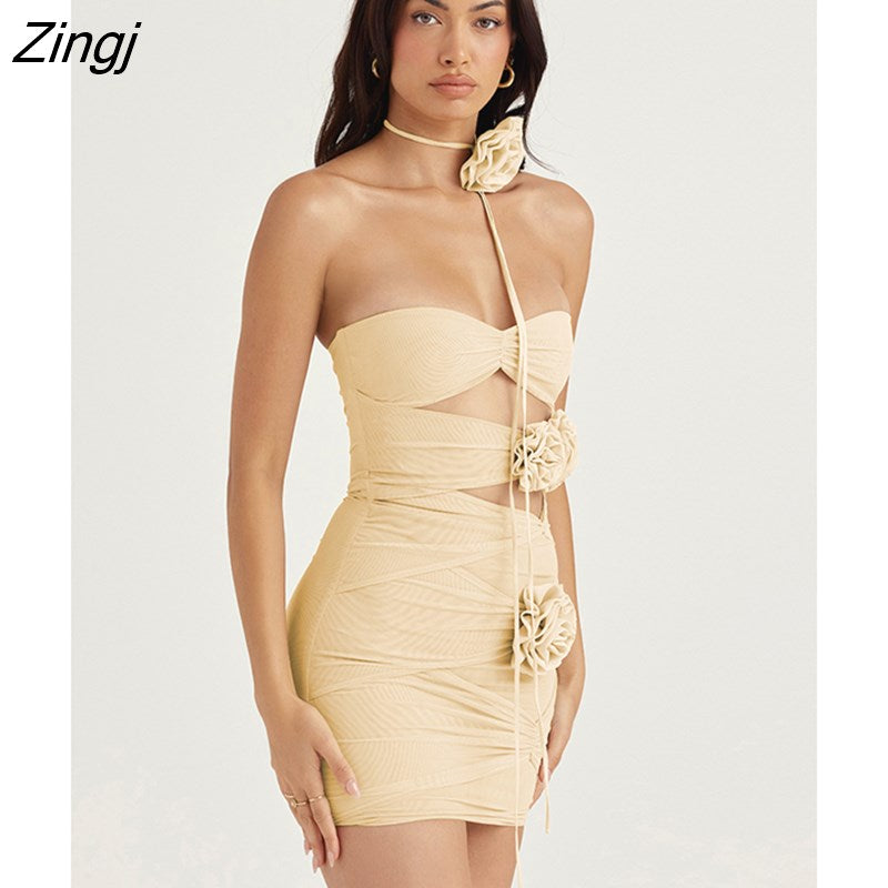 kamames Sexy Strapless Flower Mesh Women Dress Apricot Hollow Out Ruched Summer Dresses Woman 2023 Elegant Party Club Vestidos