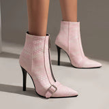 kamames Fashion Denim Women Boots Buckle Thin High Heel Ankle Boots Pointed Toe Front Zipper Autumn Winter Ladies Shoes