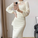 kamames Hollow Lace Patchwork Midi Dresses for Women 2023 Autumn New Elegant Evening Prom Party Long Sleeve Slim Female Clothing