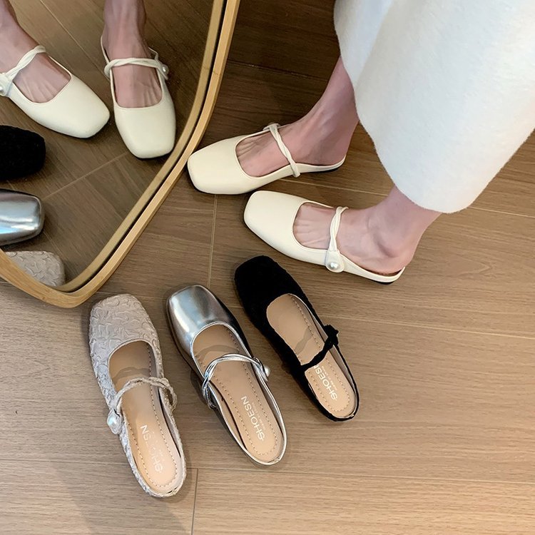 kamames Gentle Semi-Slippers Flat-Soled Shoes Women's Bag Head With A Soft Sole Silver Mary Jane Women's Shoes Temperament Word Flip-Flops