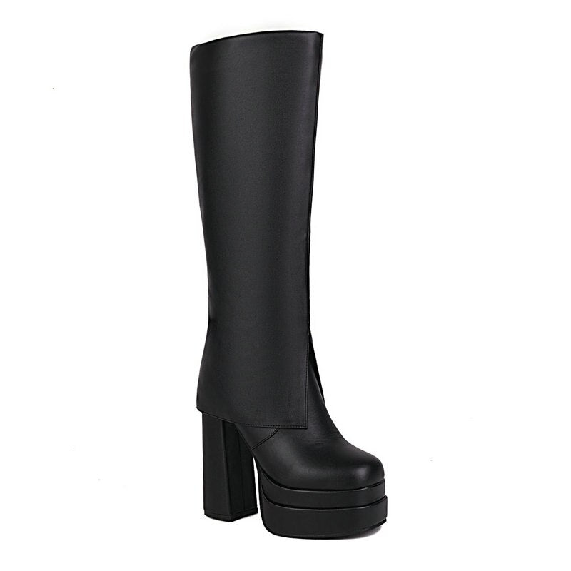 kamames Fashion Double Platform Women Knee High Boots Super High Heel Punk Boots Slip On Autumn Winter Motorcycle Boots Lady Shoes