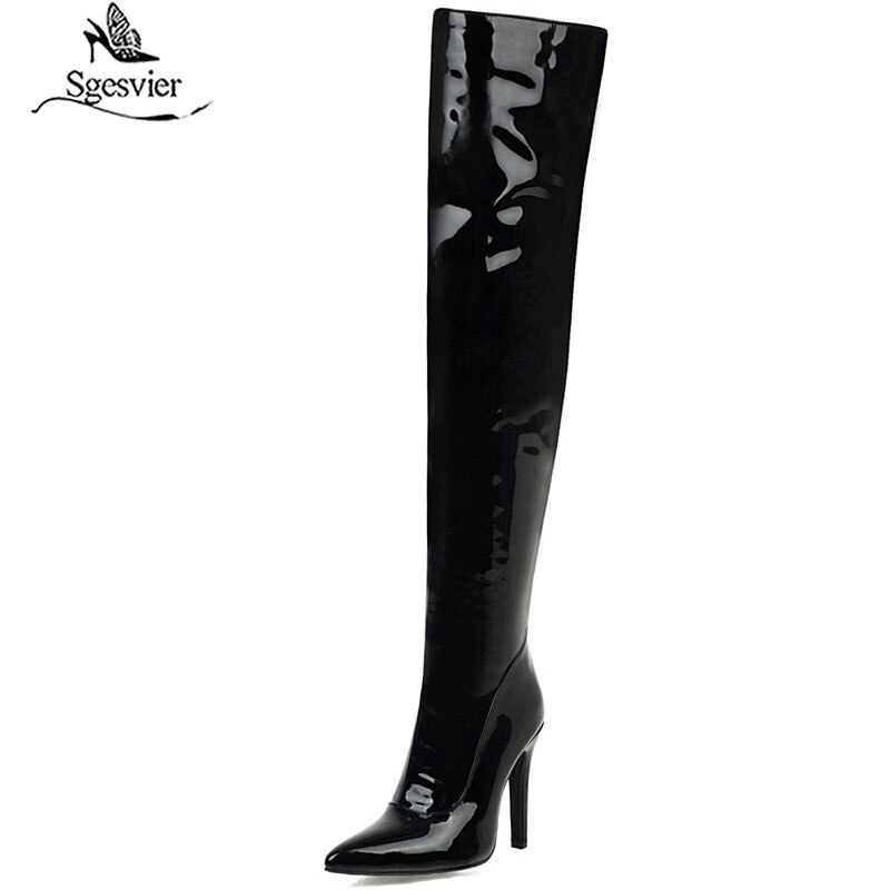 kamames Sexy Mirror Leather Thigh High Boots Women High Heels Over The Knee Boots For Women Point Toe White Red Fetish Party Long Shoes