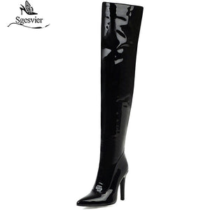 kamames Sexy Mirror Leather Thigh High Boots Women High Heels Over The Knee Boots For Women Point Toe White Red Fetish Party Long Shoes
