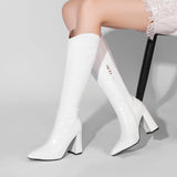kamames Fashion Knee High Boots Autumn Winter Women Pu Leather Square High Heel Western Boots Pointed Toe Zipper Woman Shoes White