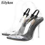 kamames Sexy Nightclub Stripper Heels Pointed Toe Women Pumps Sandals Fashion PVC Transparent Metal Chain Party Femme Shoes