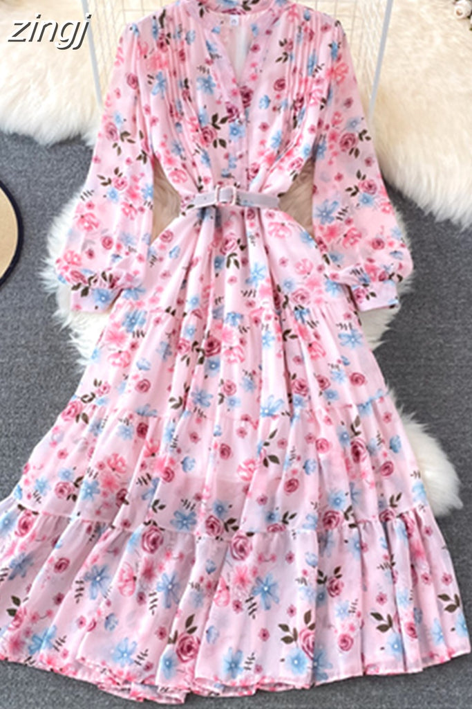 kamames Floral Midi Dress Women Elegant V-Neck Lantern Long Sleeve High Waist Draped A-Line Casual Vestidos Female Spring Autumn