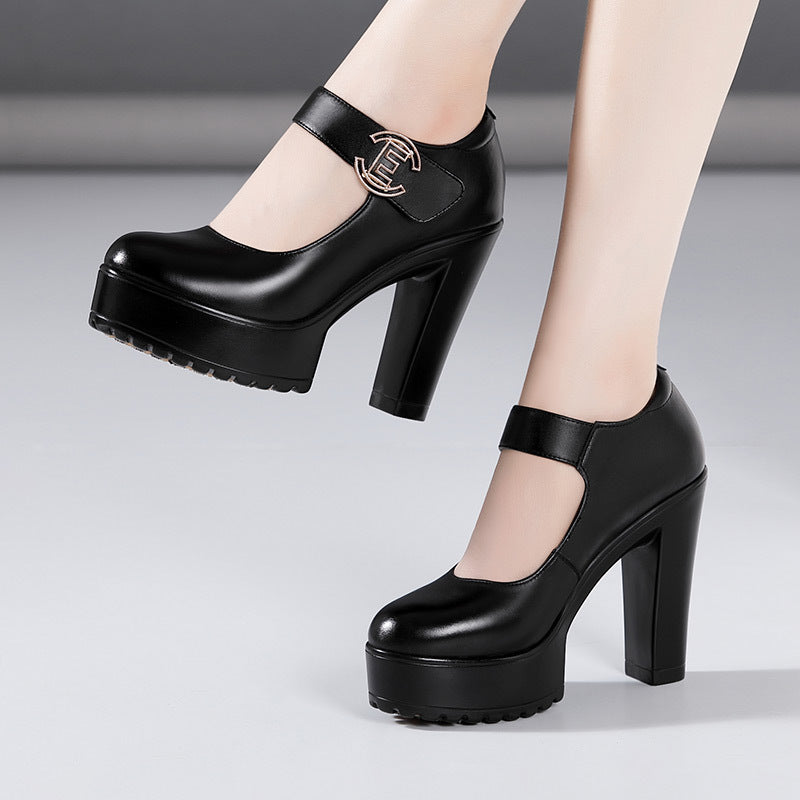 kamames Cowhide Cheongsam Model Catwalk High Heels Women's Non-Slip Round Head Thick-Soled Waterproof Platform Professional Work Shoes Women's Singles Shoes