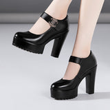 kamames Cowhide Cheongsam Model Catwalk High Heels Women's Non-Slip Round Head Thick-Soled Waterproof Platform Professional Work Shoes Women's Singles Shoes