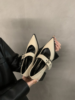 kamames Pointed Mary Jane Small Leather Shoes British Spring 2024 New Korean Version Of French Rough Heels Love Single Shoes