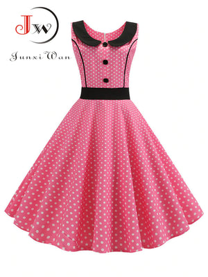 kamames Polka Dot Printed Vintage Dress Women Summer Y2K Retro 50s 60s Pin Up Rockabilly Party Dress Robe Vestidos