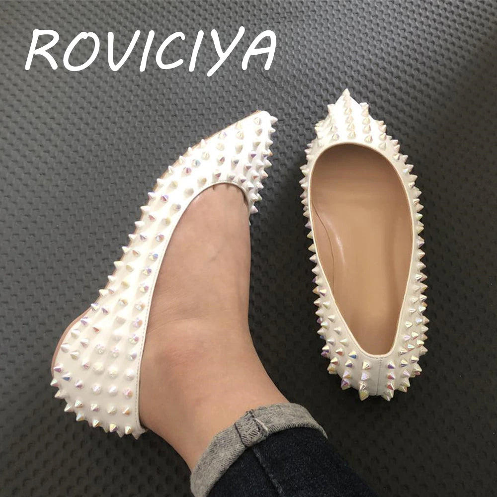 kamames Flat Rivets Shoes Women Classics Pointed Toe Fashion Women Party Wedding Plus Size MD037 ROVICIYA