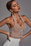 kamames Cornelia Pearl Halter Bandage Dress - Beige