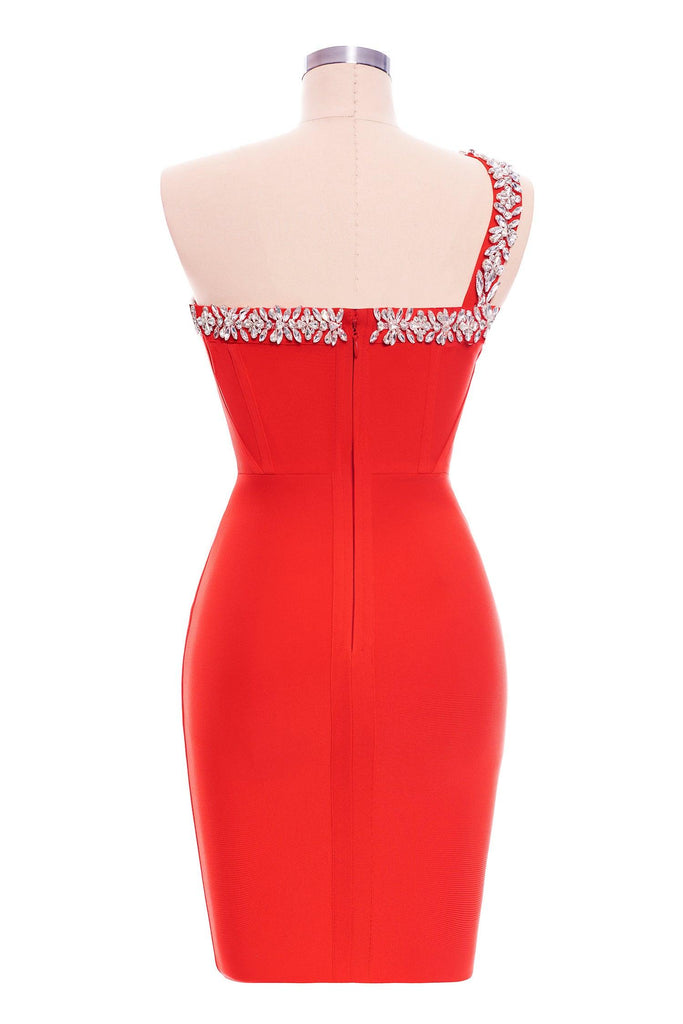 kamames Rhinestone One Shoulder Bandage Cocktail Dress - Red