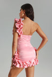 kamames Demi One Shoulder Satin Mini Dress-Pink