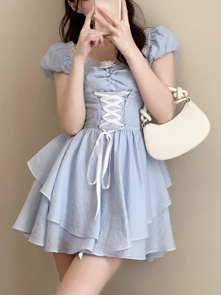 Kamames Elegant Y2k Mini Dress Women Kawaii Causal Short Party Dress Office Lady French Fairy Lace Dress Short Sleeve Summer Design